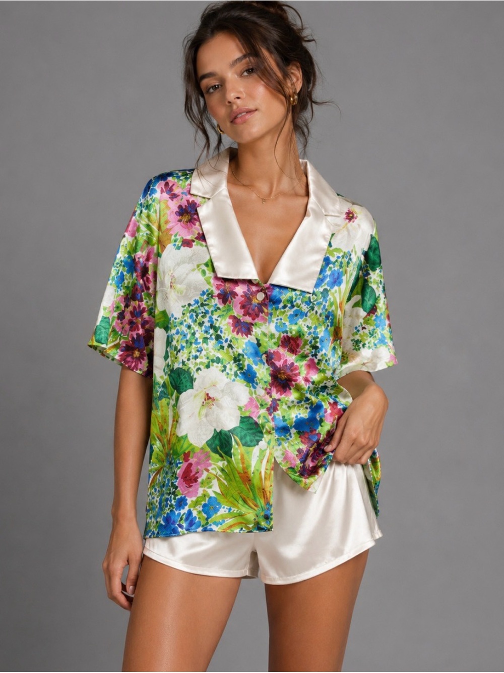 Vintage VICTORIA'S SECRET Size S Floral Pajama Set Oversized Shirt/Satin Shorts